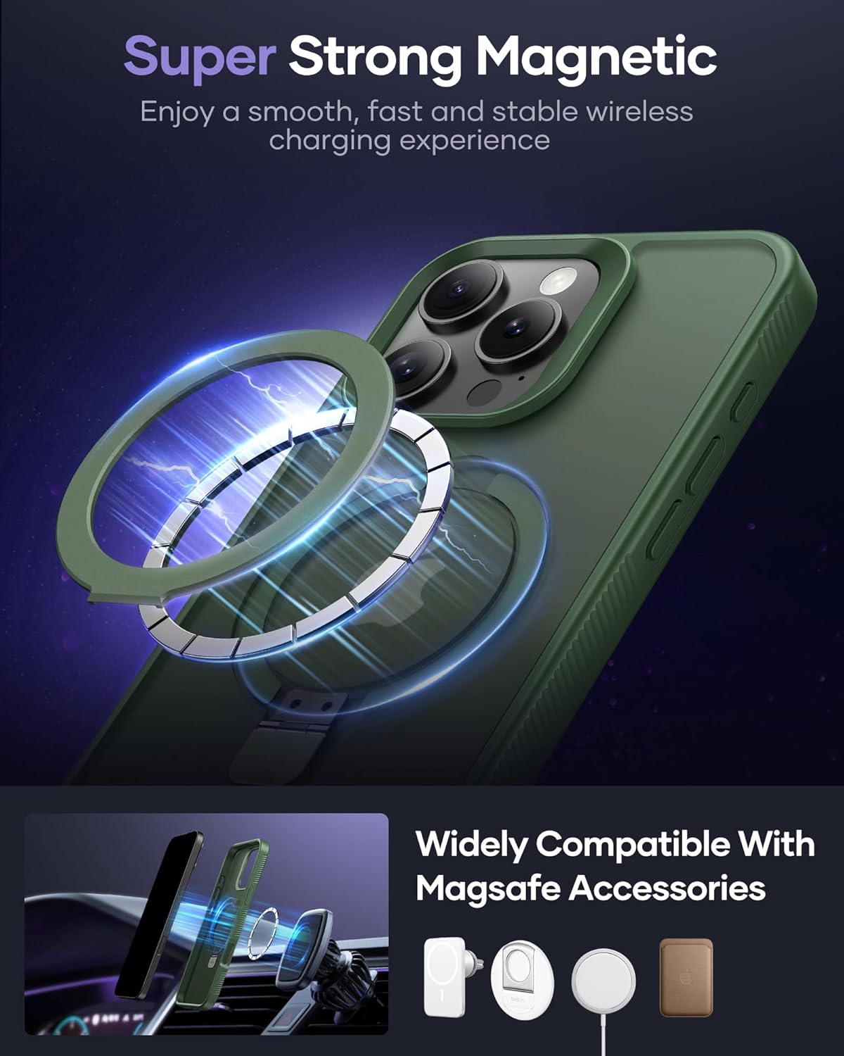 Magnetic Ring Kickstand, Shockproof Protective Back & Translucent Matte Slim Phone Cover for iPhone