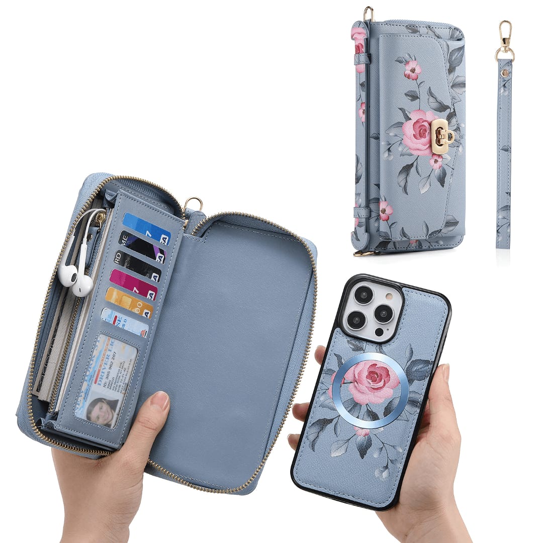 Flower Embellished Zipper Purse and Wallet Duo For iPhone