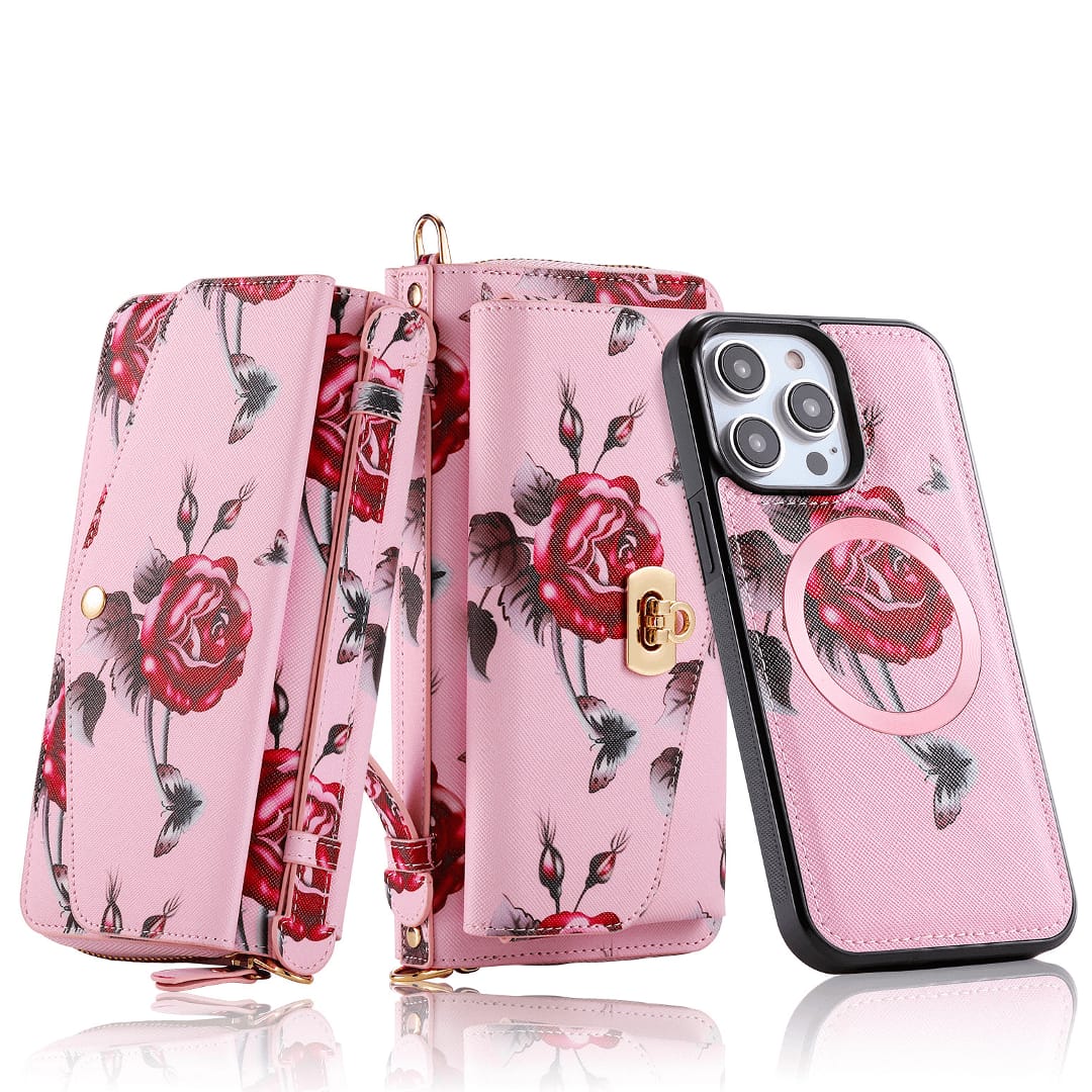 Flower Embellished Zipper Purse and Wallet Duo For iPhone