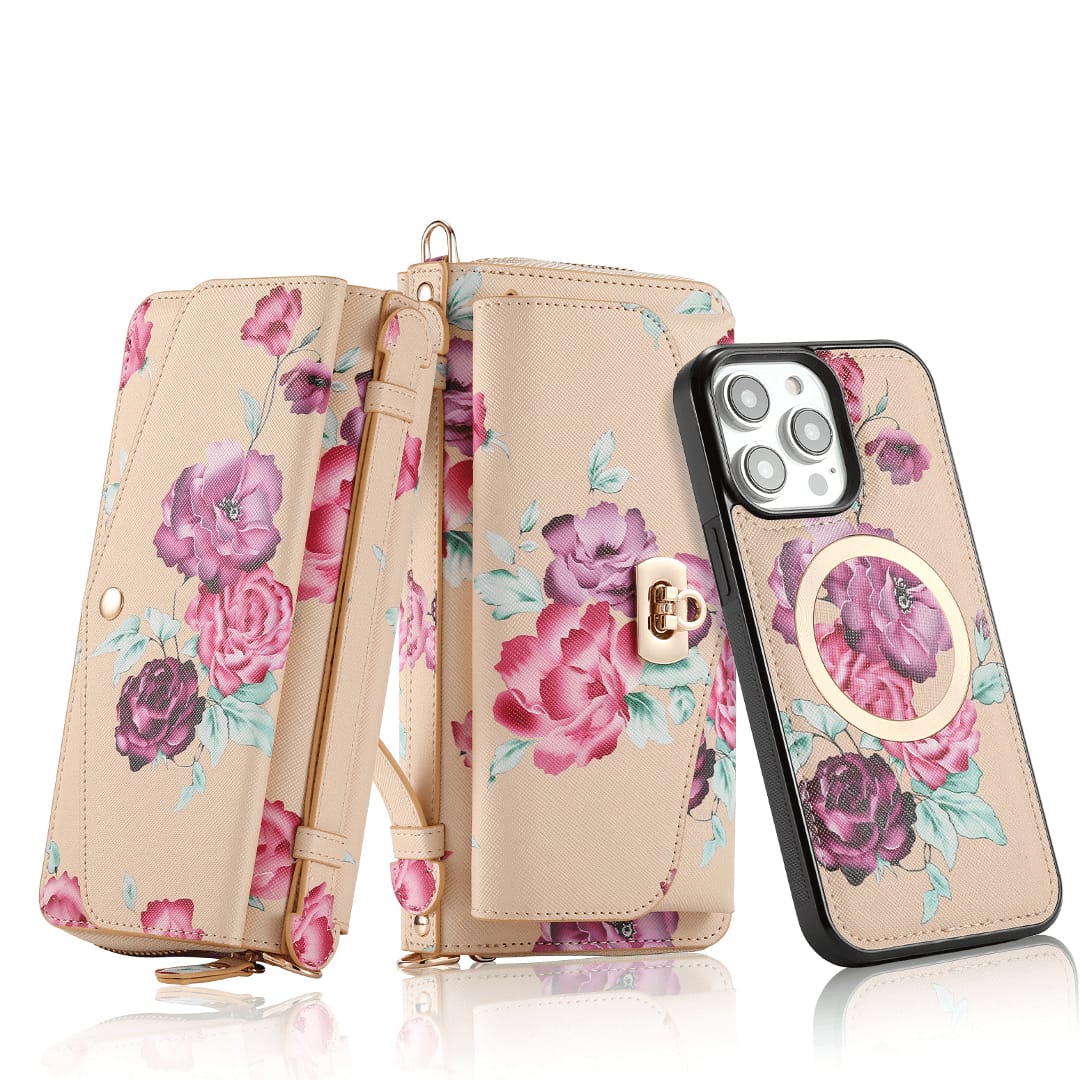 Flower Embellished Zipper Purse and Wallet Duo For iPhone
