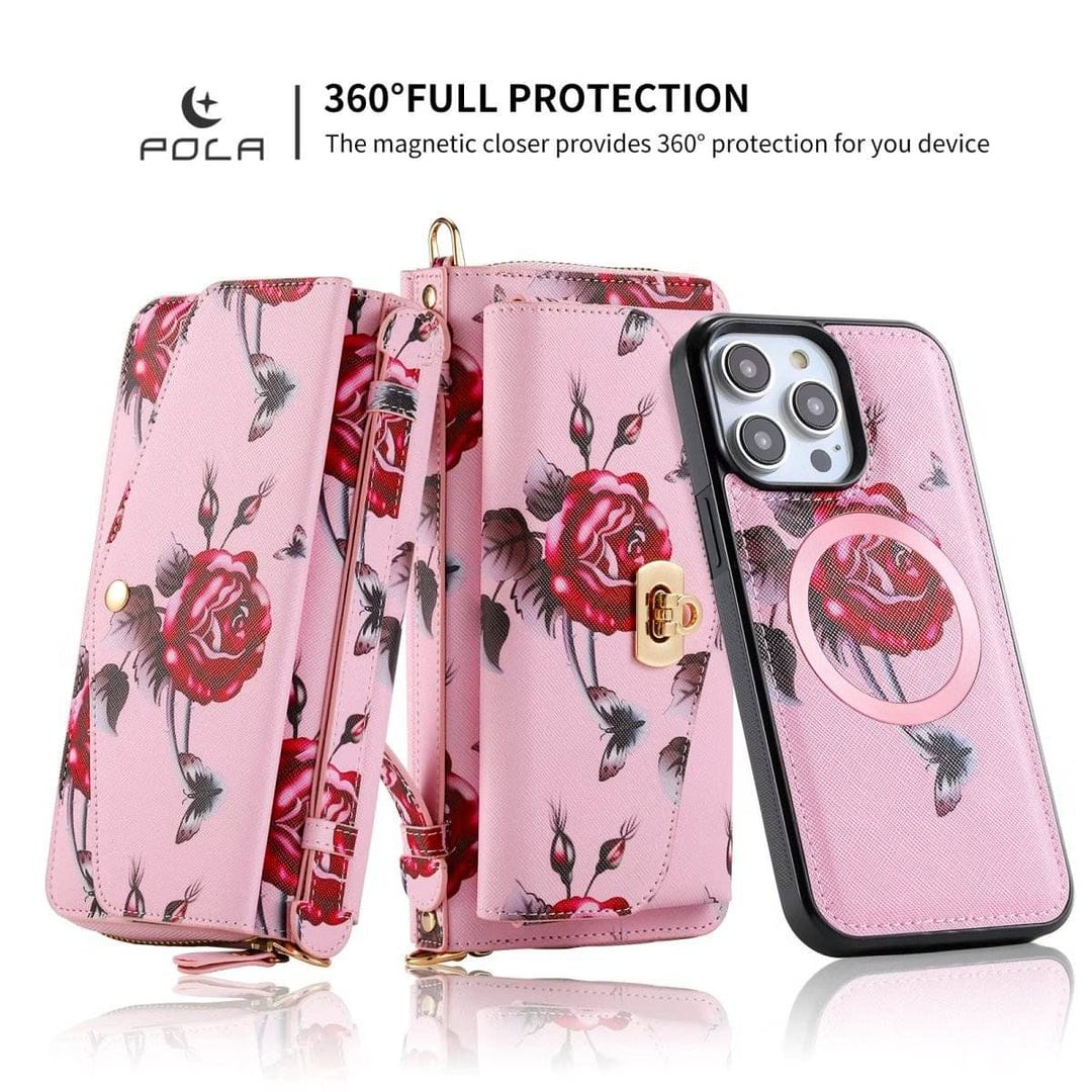 Flower Embellished Zipper Purse and Wallet Duo For iPhone