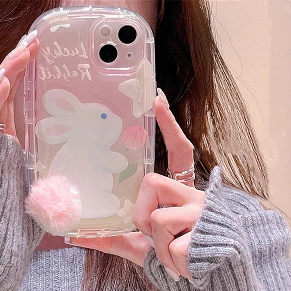 Furry Elegance Rabbit Tail Phone Case With Airpods Case For iPhone