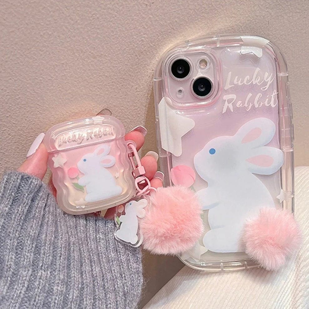 Furry Elegance Rabbit Tail Phone Case With Airpods Case For iPhone