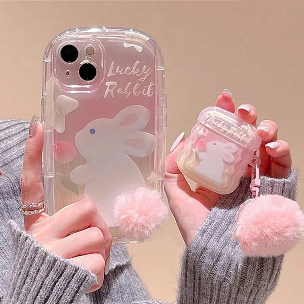 Furry Elegance Rabbit Tail Phone Case With Airpods Case For iPhone